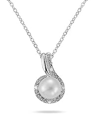 All Natural 7MM Freshwater White Pearl and Diamond Pendant in 10K White Gold