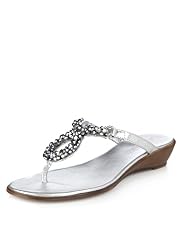 Leather Multi-Faceted Bead Embellished Wedge Sandals