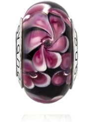 Murano Glass Large Red Flower with Black Background Many Layers on Sterling Silver Whole Core , Fits Pandora, Jovana Bracelet