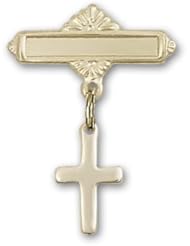 14kt Gold Baby Badge with Cross Charm and Polished Badge Pin
