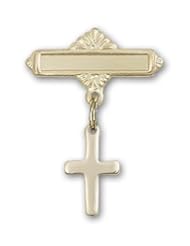 14K Gold Baby Badge with Cross Charm and Polished Badge Pin