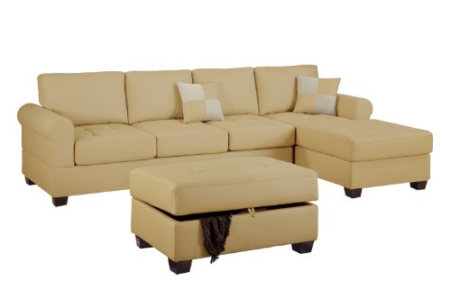 Bobkona Orboni 3-Piece Bonded Leather Reversible Sectional Sofa with Matching Ottoman, Khaki