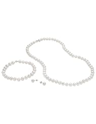 Valentines Gift Set - Sterling Silver 6.5-7mm Genuine Freshwater, Knotted, White Pearl Necklace, Bracelet and Earring Set