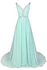 A-line V-neck Chiffon/Satin  Beaded Sleeveless Evening Dress/Prom Dress/Wedding Party Dress  with a Brush/Sweep Train  With Ruffles