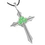 Green Shamrock Cross Silver Tone Pewter Pendant Necklace