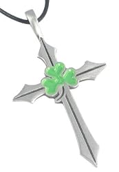 Green Shamrock Cross Pewter Pendant Necklace