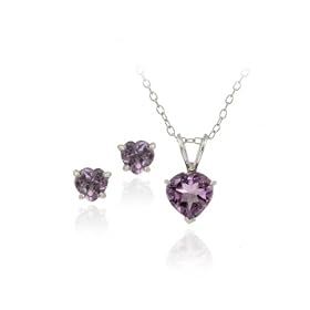 Sterling Silver 1.9ct TGW Amethyst Heart Solitaire Pendant &amp; Stud Earrings Set, 18": Jewelry