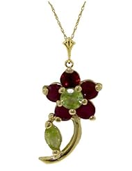 14k Gold Flower Pendant Necklace with Genuine Rubies & Peridots