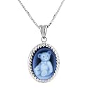 Sterling Silver 14x10mm Teddy Bear Oval Agate Cameo Pendant w/18" Chain