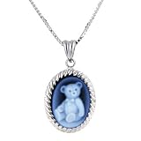 Sterling Silver 14x10mm Teddy Bear Oval Agate Cameo Pendant w/18 Chain