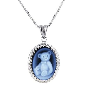 Sterling Silver Oval Frame 14X10mm Blue Agate Teddy Bear Cameo Pendant w 22... by