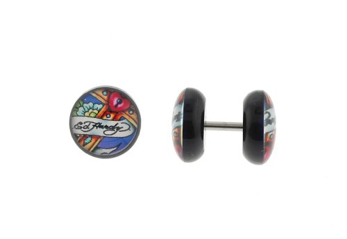 Genuine Ed Hardy Anodized Black Fake Plug - Heart Lock Logo -16g Wire - 10mm - Sold as a Pair
