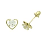 14K Gold Stud Earring Round CZ & Framed Heart Yellow Gold Earring With Screw Back For Kids & Teens