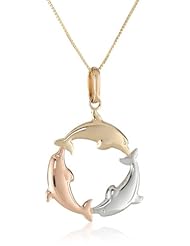 Bonded Sterling Silver and 14k Tri-Color Dolphin Pendant Necklace, 18"
