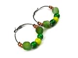Ghana, Africa Green and Gold Ghana Recycled Glass Beads with Green and Yellow White Heart Beads Hoop Earrings