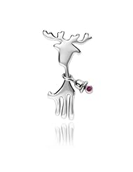 .925 Sterling Silver Christmas Santa Claus Reindeer Sleigh with Red Cz Bell Pendant Necklace 18"