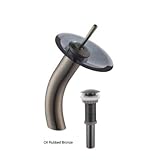 KRAUS KGW-1700-PU-10SN-FR Single Lever Vessel Glass Waterfall Faucet Satin Nickel with Frosted Glass Disk and Matching Pop Up Drain