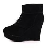 Damen Schuhe, STIEFELETTEN, PLATEAU KEIL WEDGES SCHNÜRUNG, PD7350, Synthetik in hochwertiger Velour Leder Optik, Schwarz, Gr 39