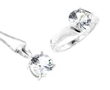 Sterling Silver and Genuine White Topaz Solitaire Pendant Necklace and Ring April Birthstone Gift Boxed Set(Size 6,8,9)