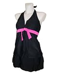 Womens BB Tankini Skirtini Skirt Swimsuit Set, Swimwear, Black Hot Pink Trim, 12-16 (16, Black w/Hot Pink)