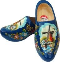 Hollandse Blauwe Houten Klompen / Dutch Wooden Shoes Blue with Windmill Print flowers size (BlueWindmillShoe31cm)