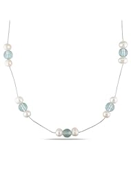 14K White Gold 7-7.5 MM Freshwater Cultured Pearl, and Blue Topaz Pearl Strand, 18"