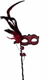 Red Half Face Feather Mask w/ Swirl Design on Stick