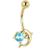Solid 14KT Yellow Gold DOLPHIN Aquamarine Cubic ZIRCONIA Belly Ring