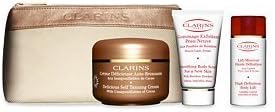 CLARINS Paris Smart Self Tanning for a heathy SUMMER Glow : Delicious Self Tanning Cream 125ml with unsaponifiables of cocoa + Smoothing BODY Scrub for new skin 30ml +High Definition Body Lift 30ml + SUMMER beauty Purse