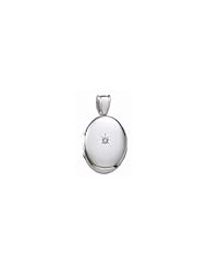14k White Gold Premium Weight Oval Picture Locket With Genuine Diamond 3/4 inch x 1 inch in Solid 14K White Gold