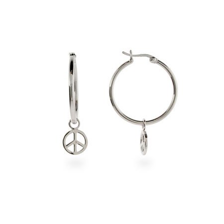 Eve's Addiction Sterling Silver Hoop Charm Peace Sign Earrings