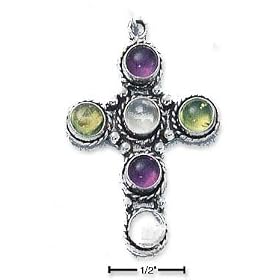 Sterling Silver 6 Stones Amethyst Peridot Moonstone Cross Charm by Moonstone Birthstones