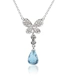14k White Gold Diamond Accent Butterfly & Blue Topaz Drop Pendant