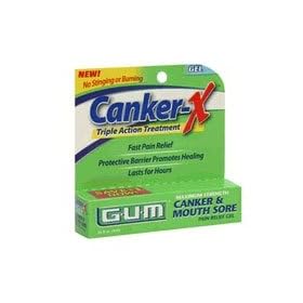 Click here to buy G-U-M Canker X, Maximum Strength Canker and Mouth Sore Pain Relief Gel .28 fl oz (8 ml) by Butler.