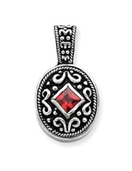 Sterling Silver Red CZ Antiqued Oval Pendant