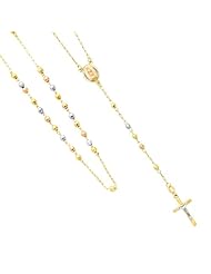 14K 3 Tri-color Gold 3mm Beads Our Lady Guadalupe Rosary Necklace with White Gold Crucifix - 26" Inches