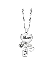 Sterling Silver "Mom" Heart Pendant Necklace with Three Charm Drops, 18"