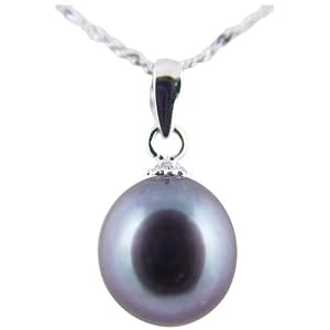 Freshwater Cultured Oval Shape 9-10mm Black Pearl 18K White Gold Pendant, 16... by 