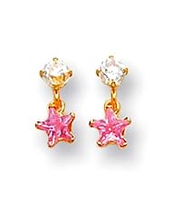 MadiK® Kids 14k Yellow Gold Clear CZ with Dangling Pink CZ Star Earrings