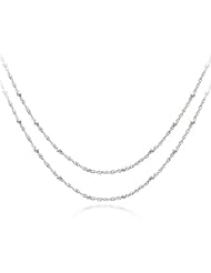 Sterling Silver 030-Gauge Singapore with 2mm Bead Stations 16" and 18" Chain Necklace, Set of Two