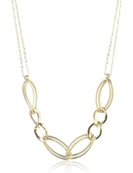 14k Italian Yellow Gold Polished and Textured Oval Link Station with Double Chain Necklace, 17.5"