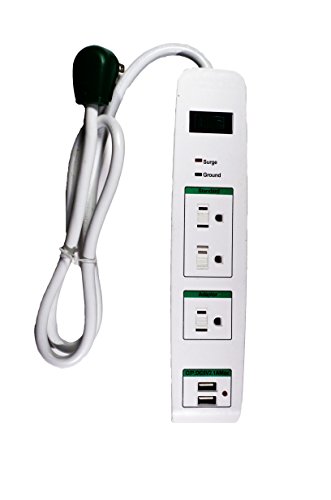 GoGreen Power 3 Outlet Surge Protector 2 USB Port, 3-ft cord, White - GG-13103USB