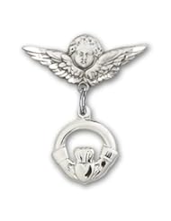 Sterling Silver Baby Badge with Claddagh Charm and Angel w/Wings Badge Pin