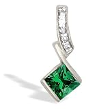 14K White Gold Square Created Emerald and Diamond Pendant
