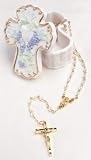 3 Religious Porcelain Communion Cross Box With Rosary #30124