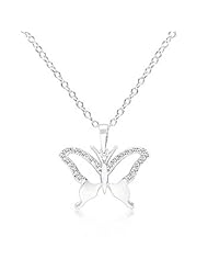 Alexander James White Gold Rhodium Bonded Butterfly Pendant with Clear Cubic Zirconia in a Pave Setting and 18 inch Chain in Silvertone