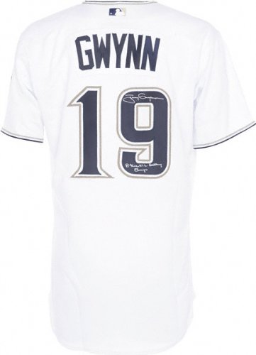 Tony Gwynn Autographed Jersey | Details: San Diego Padres, Majestic, White, Authentic, 8 Time NL Batting Champ Inscription