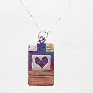 Rectangular Geometric Heart Pendant with Rainbow Patina Finish in Sterling Silver, Copper and Gold Fill on an 18" Box Chain, #9114