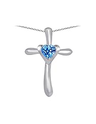 Original Star K (tm) Cross Love Pendant with 6mm Heart Shape Simulated Blue Topaz in 925 Sterling Silver