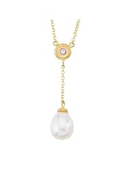 Unique 14k Yellow gold diamond and White Pearl lariat pendant necklace